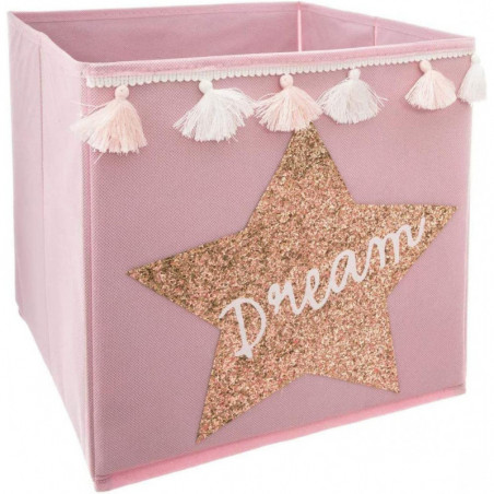 Bac de rangement pliable avec sequins et pompom - Rose - L 29 x P 29 x H 29 cm