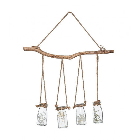 Suspension bois et corde avec 4 bocaux de fleurs séchés - Beige - L 53 x H 45 cm