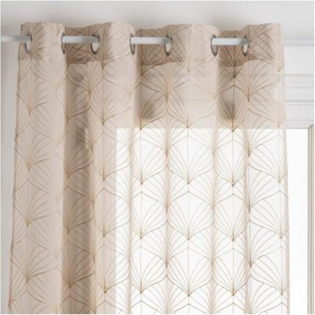 Voilage 8 oeillets brodés à motifs végétaux - Beige - L 140 x H 240