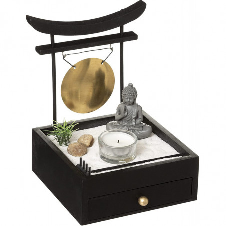 Jardin zen avec tiroirs Bouddha gong et diverses décorations - Noir - L 16,3 x P 15 x H 20,3 cm