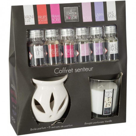 Coffret senteur avec brûleur + bougie parfumée vanille + 6 huiles parfumées - Blanc - H 8 cm