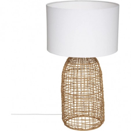 Lampe à poser cylindrique en rotin - Blanc et beige - D 32 x H 55 cm