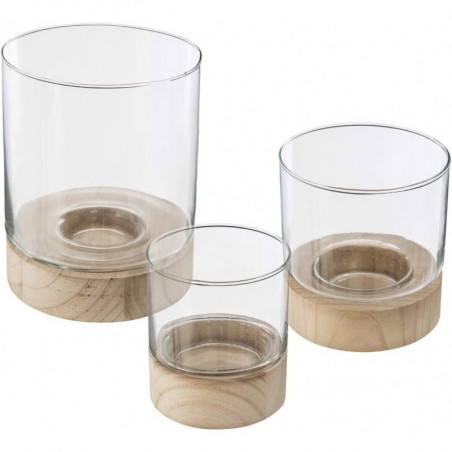 Lot de 3 photophores en verre et bois - Beige/transparent - H 19.8 cm - Collection morning sunshine