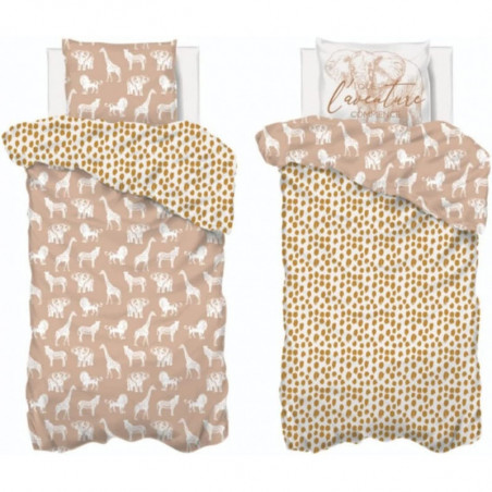 Parure de lit enfant en coton à motifs animaux de la savane - Rose - L 140 x l 200 cm - Collection ma petite aventure