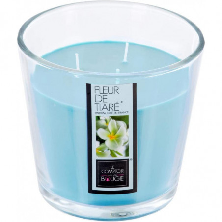 Bougie parfumée en verre Nina 500 gr - Parfum fleur de tiaré - Bleu - H 12.5 cm