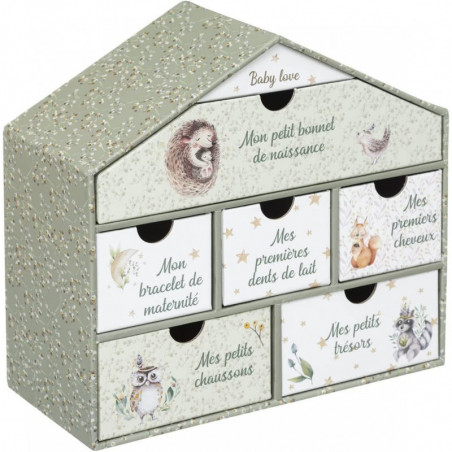 Coffret de naissance en forme de maison 6 tiroirs - Vert - L 20,3 x P 9 x H 19 cm