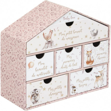 Coffret de naissance en forme de maison 6 tiroirs - Rose - L 20,3 x P 9 x H 19 cm