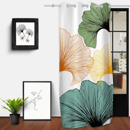 Rideau 8 oeillets motifs feuilles de ginkgo XL - Multicolore - L 135 cm x l 250 cm - Polyester