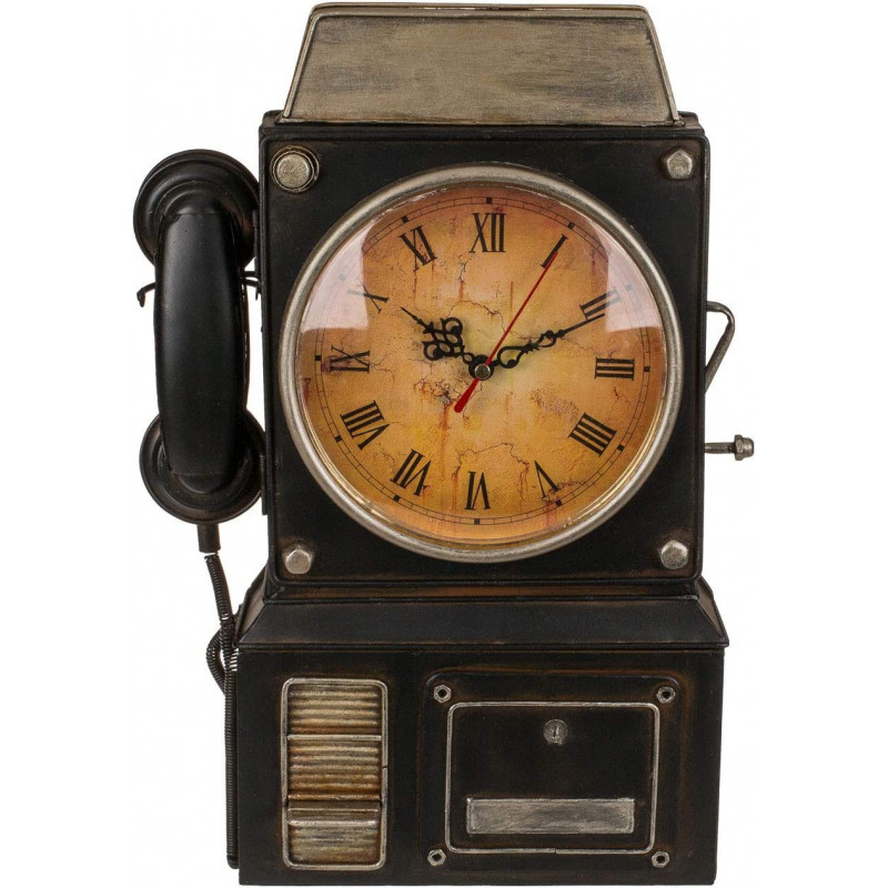 Boite à clés en forme de téléphone vintage + horloge intégrée en métal - Noir - L27.6 cm x l 11.4 cm