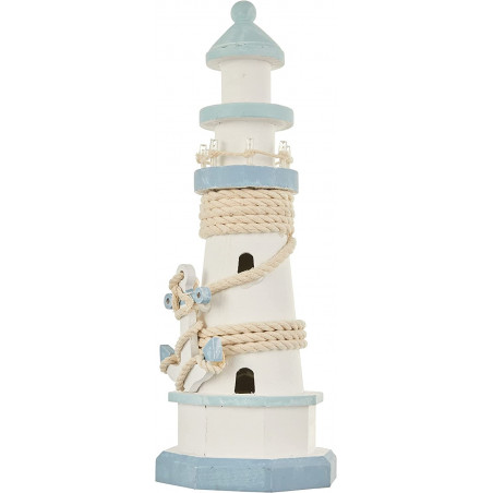 Décoration phare en bois lumineux - Bleu/blanc - H 29.5 cm