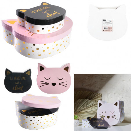 Set de 2 boites de rangement en forme de chat - Rose et noir - L 25 x l 23 cm x H 23 cm