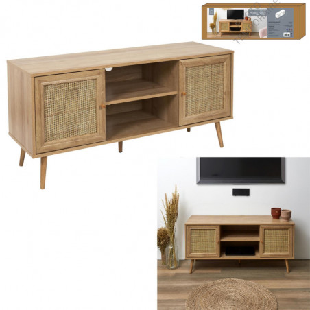 Meuble TV en bois 2 portes + 1 etagère - Marron - L 115 x P 39 x H 56.5 cm