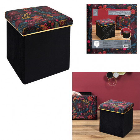 Coffre pouf pliable avec couvercle à motif fleuri - Noir - 38 x 38 cm