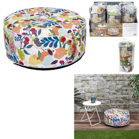 Pouf gonflable rond à motif fleuri - Multicolore - D 55 cm x H 25 cm