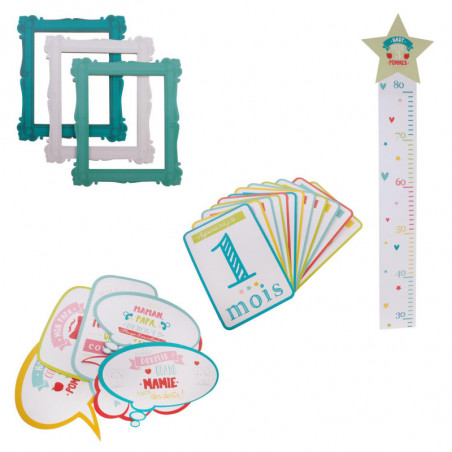 Coffre 1ère année Garçon - 12 cartes 1 à 12 mois + 3 cadres + 6 bulles + 1 toise - Bleu vert