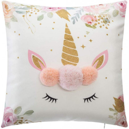 Coussin - Licorne avec pompons - 40 x 40 cm