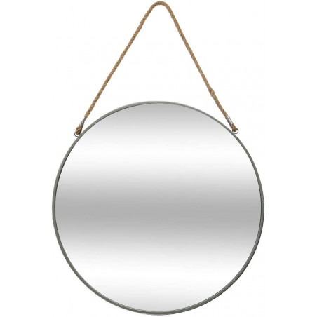 Miroir rond en fer avec corde en jute - D 55 cm - Gris