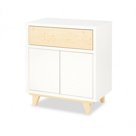 Commode Lydia 2 portes + 1 tiroir - Blanc et beige - H 88 x L 80 x P 45 cm