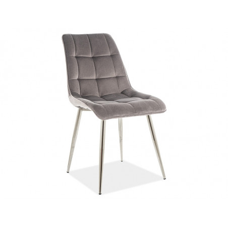 Chaise chic en velours matelassé et pieds chromés - Gris clair - H 88 cm