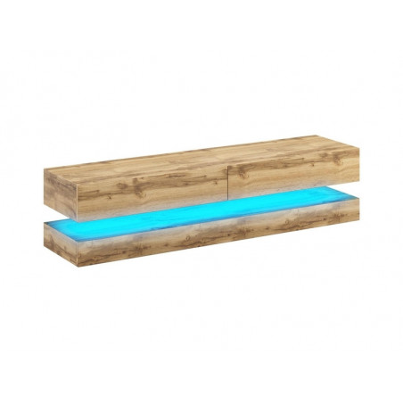 Meuble TV flottant en bois avec LED Bleu + 2 tiroirs + 1 étagère - Beige - L 140 x P 34 x H 25 cm