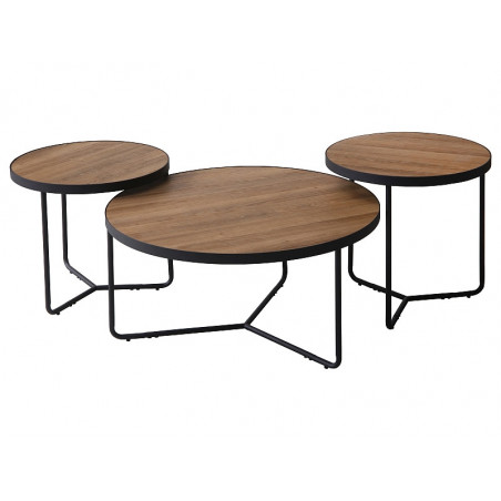 Lot de 3 tables d'appoint rondes en bois et métal - Marron - D 80/50/50 x H 40/45/50 cm
