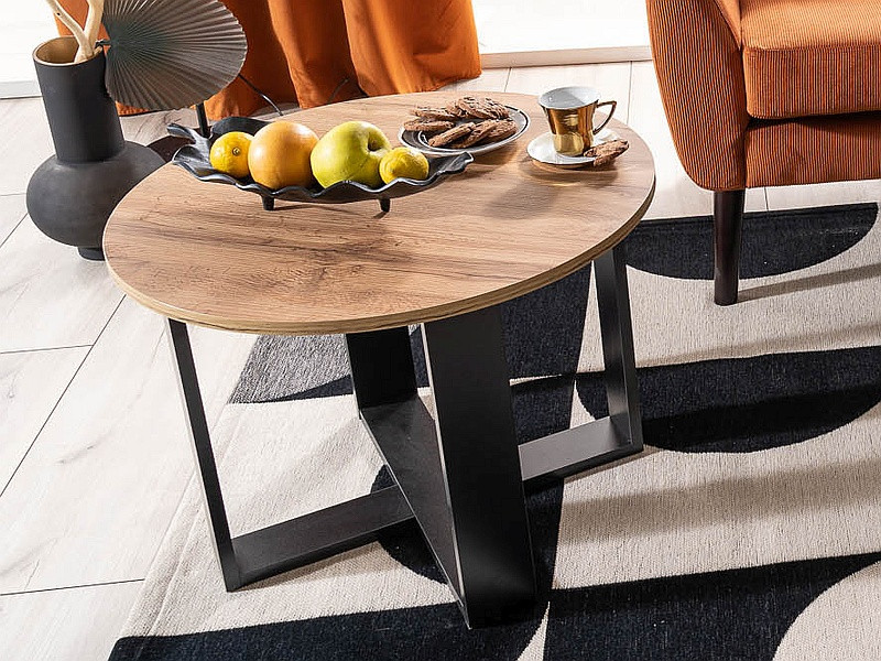 Table d'appoint ronde en bois avec pieds croisés en métal - Beige