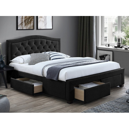 Lit double en velours avec tête de lit capitonné + 4 tiroirs - 160 x 200 cm - Sommier inclu - Noir