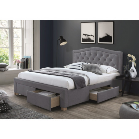 Lit double en velours avec tête de lit capitonné + 4 tiroirs - 160 x 200 cm - Sommier inclus - Gris