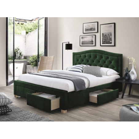 Lit double en velours avec tête de lit capitonné + 4 tiroirs - 160 x 200 cm - Sommier inclu - Vert
