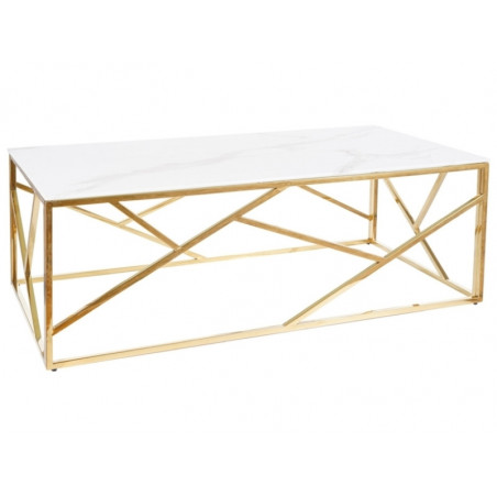 Table basse rectangle design avec plateau effet marbre en verre et inox - Blanc et doré - L 120 x P 60 x H 40 cm