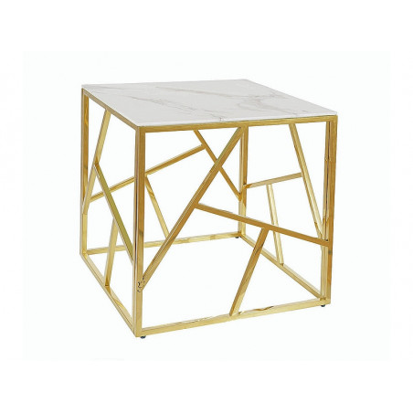 Table d'appoint carré design avec plateau effet marbre en verre et inox - Blanc et doré - 55 x 55 x H 55 cm