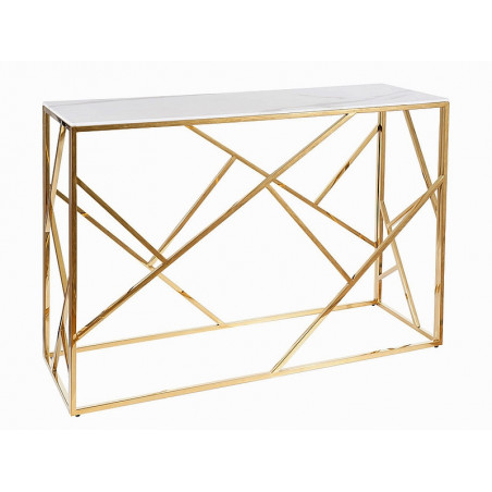 Table console design avec plateau en verre effet marbre et inox - Blanc et doré - H 78 x l 120 x P 40 cm