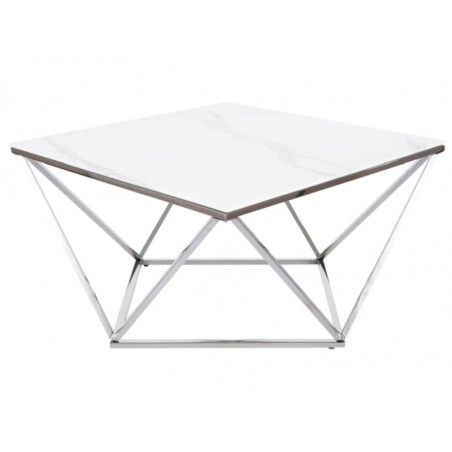 Table basse design en verre aspect marbre et inox - Argenté - 80 x 80 H 45 cm