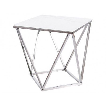 Table d'appoint design en verre aspect marbre et inox - Argenté - 50 x 50 H 53 cm