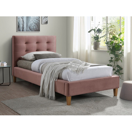 Lit simple en velours avec tête de lit matelassé - Sommier inclus - Rose - 90 x 200 cm