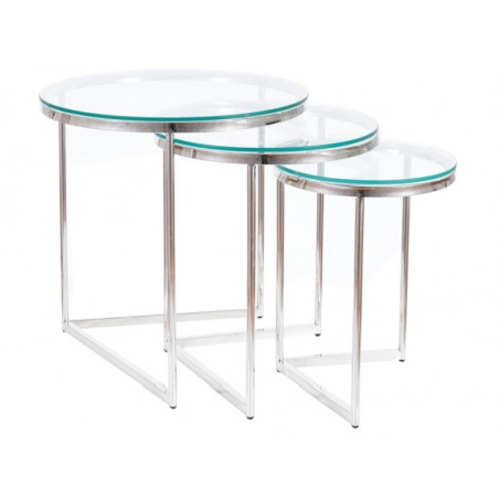 Lot de 3 tables gigognes en verre et inox - Argenté - D 55 / 45 / 35 x H 56 / 51 / 46 cm