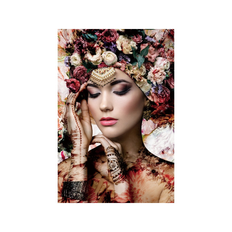 Tableau décoratif en verre à motif femme à fleurs - 120 x 80 cm
