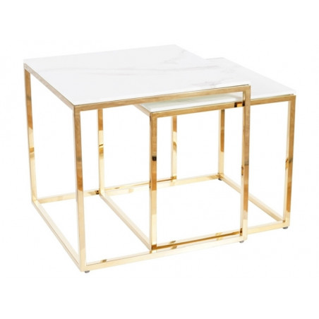 Lot de 2 tables gigognes en verre effet marbre et inox - Blanc et doré - H 43 et 40 cm