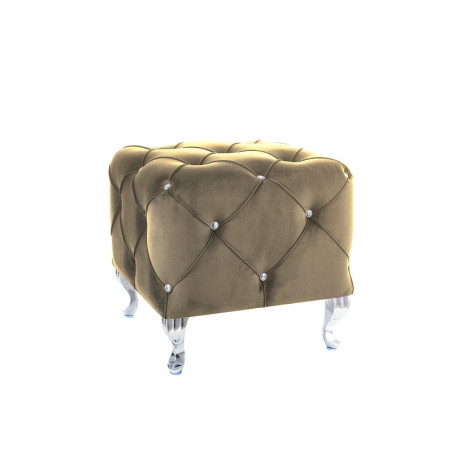 Pouf en velours capitonné avec cristaux avec pieds chromés - Beige - 50 x 50 x H 46 cm