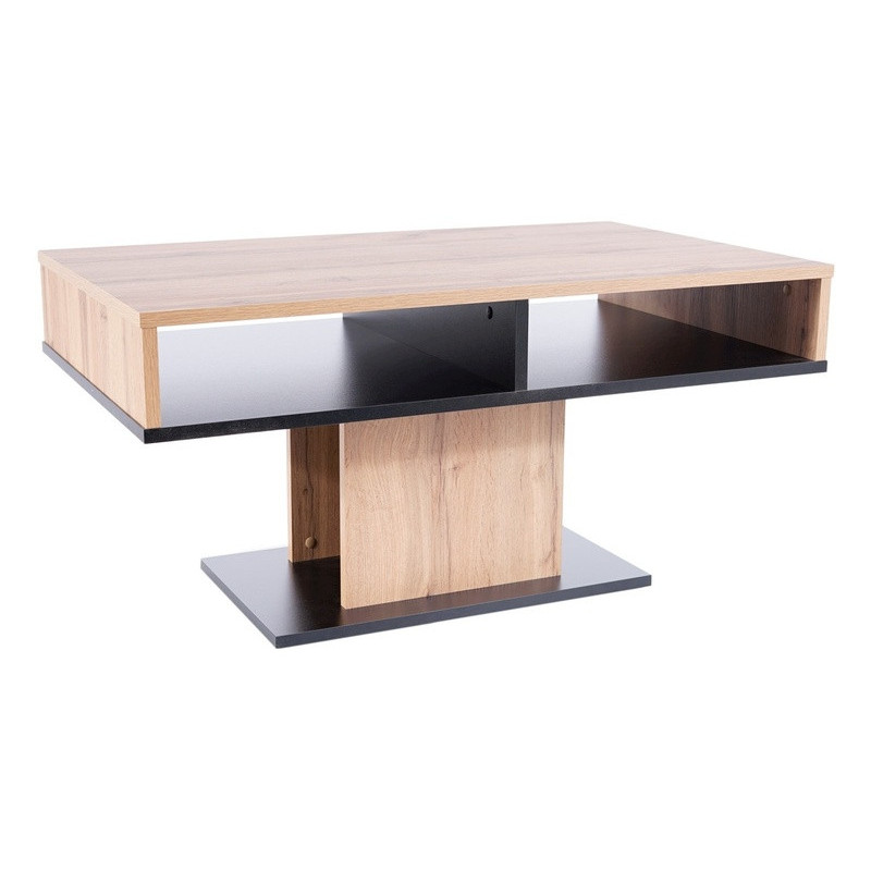 Table basse en bois aspect chêne avec 2 niches de rangement - Noir et beige - L 100 x P 60 x H 50 cm