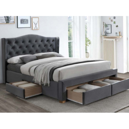 Lit double en velours 4 tiroirs avec tête de lit capitonnée ASPEN - Gris - 160 X 200 cm