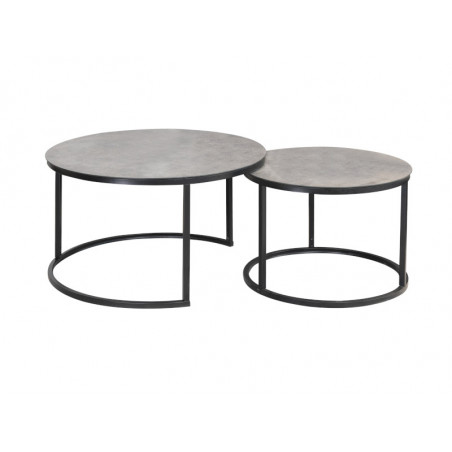 Lot de 2 tables gigognes ATLANTA rondes en métal et verre effet marbre - Gris / Noir - D 80 x H 45 cm.