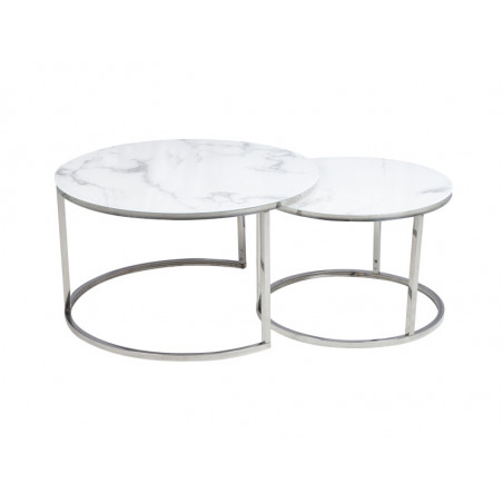 Lot de 2 tables gigognes ATLANTA rondes en métal et verre effet marbre - Blanc - D 80 x H 45 cm.