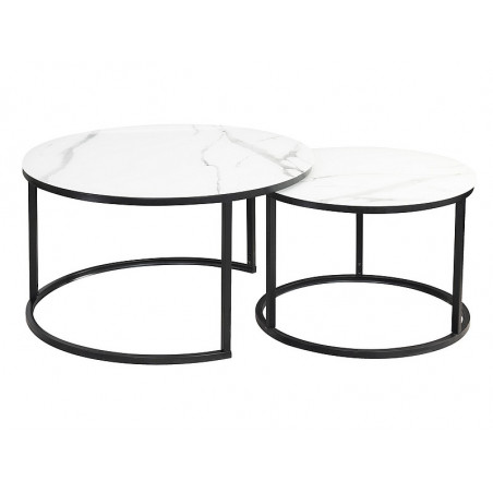 Lot de 2 tables gigognes ATLANTA rondes en métal ett verre effet marbre - Blanc / Noir - D 80 x H 45 cm.