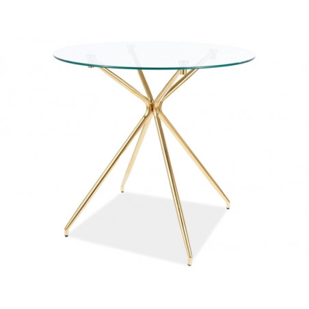 Table ronde en verre trempé transparent avec des pieds en métal doré - 4 couverts - D 80 cm x H 76 cm