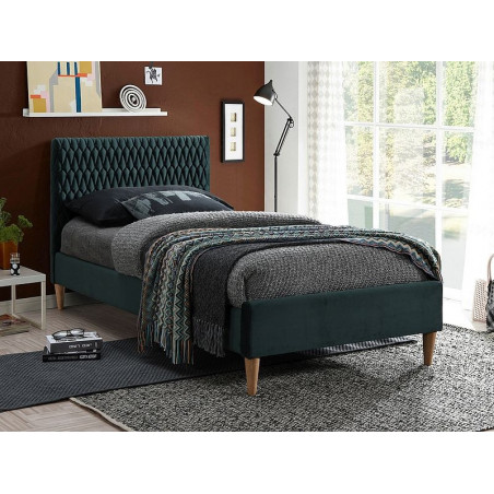 Lit simple avec tete de lit matelassé et cadre en velours - Vert foncé - Pieds en bois beige - L 200 cm x l 90 cm