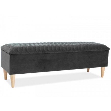 Banc avec coffre de rangement en velours matelassé - Gris - Pieds en bois beige - L 129 cm x H 45 cm x l 40 cm