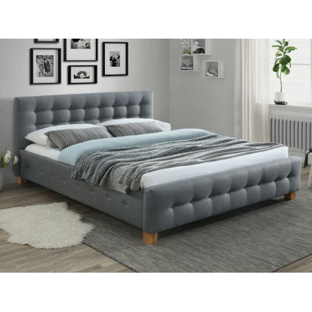Lit double avec panneau rembourré en tissu - Gris - Pieds en bois beige - L 200 cm x l 160 cm