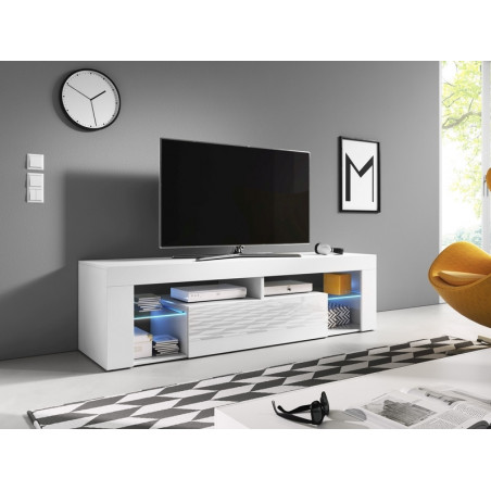Meuble TV avec 1 porte + 4 niches de rangement et LED bleu - Blanc brillant - L 140 cm x H 51 cm x P 35 cm