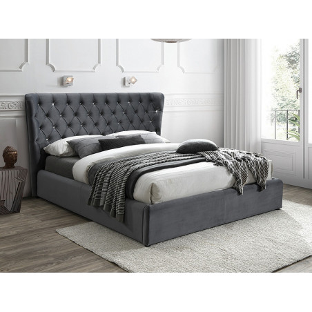 Lit double avec tete de lit pailleté et cadre en velours - Gris - Pieds en bois - L 200 cm x l 160 cm